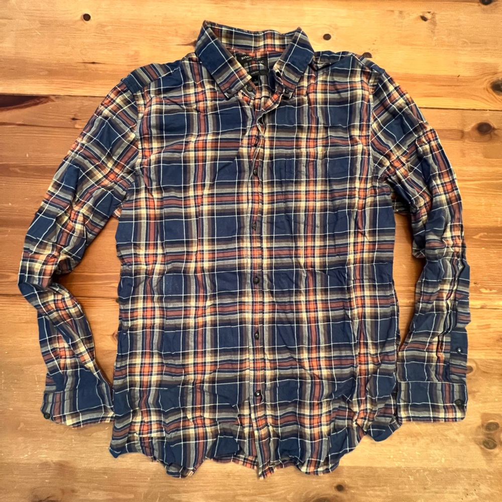 Men’s Banana Republic Luxe Flannel Slim Fit Blue & Orange Button Collar Shirt M